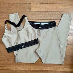 Alo Yoga Airlift Suit Up Set High Rise Leggings and Racerback Bra Cream/Black